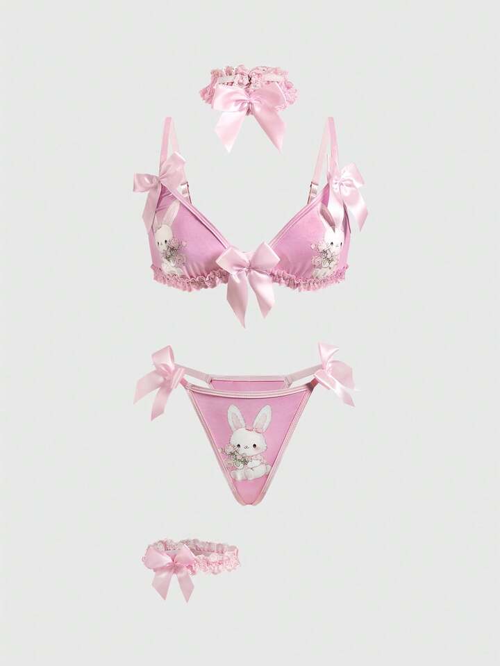 Kawaii Cute Bunny Lace Bralette, Thong, Choker & Leg Garter Sexy Lingerie Set, For Valentine's Day