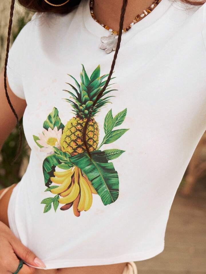 The White Lotus Women's Summer Casual Pineapple And Banana Print Short Sleeve White T-Shirt 10 The White Lotus Women's Summer Casual Pineapple And Banana Print Short Sleeve White T-Shirt