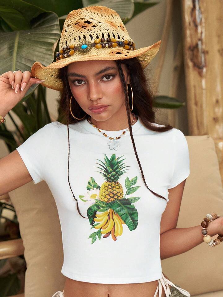 The White Lotus Women's Summer Casual Pineapple And Banana Print Short Sleeve White T-Shirt 12 The White Lotus Women's Summer Casual Pineapple And Banana Print Short Sleeve White T-Shirt