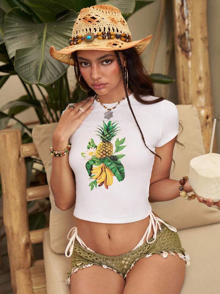 The White Lotus Women's Summer Casual Pineapple And Banana Print Short Sleeve White T-Shirt 13 The White Lotus Women's Summer Casual Pineapple And Banana Print Short Sleeve White T-Shirt