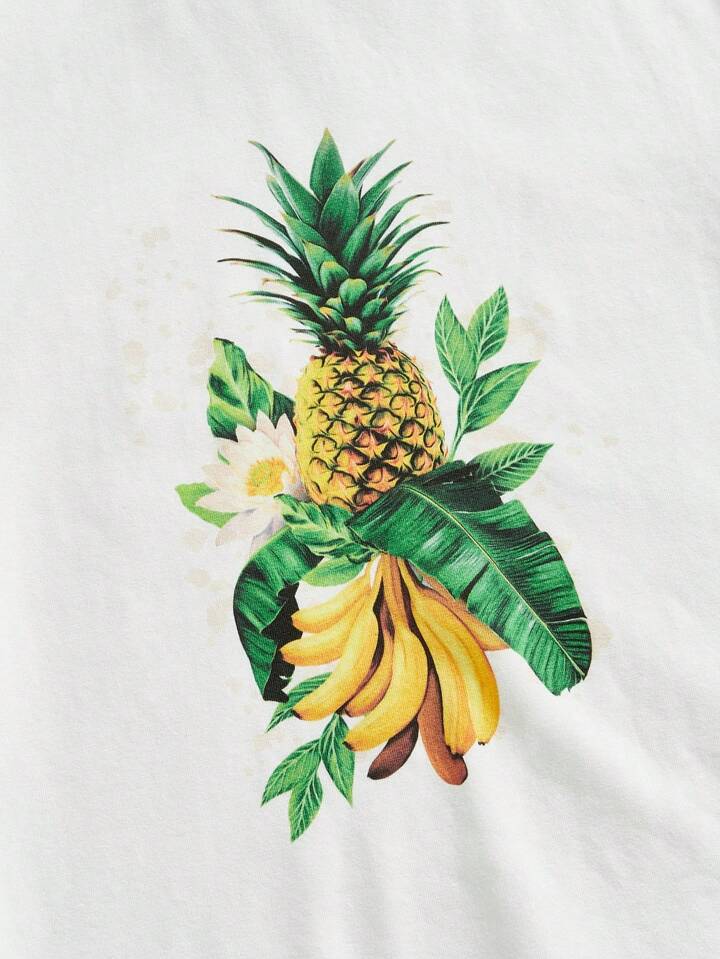 The White Lotus Women's Summer Casual Pineapple And Banana Print Short Sleeve White T-Shirt 3 The White Lotus Women's Summer Casual Pineapple And Banana Print Short Sleeve White T-Shirt