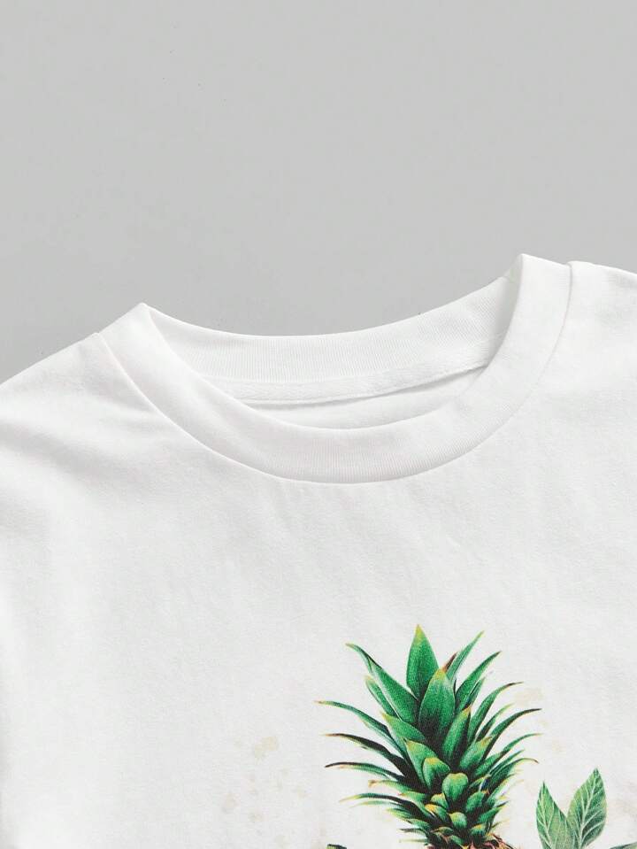 The White Lotus Women's Summer Casual Pineapple And Banana Print Short Sleeve White T-Shirt 4 The White Lotus Women's Summer Casual Pineapple And Banana Print Short Sleeve White T-Shirt