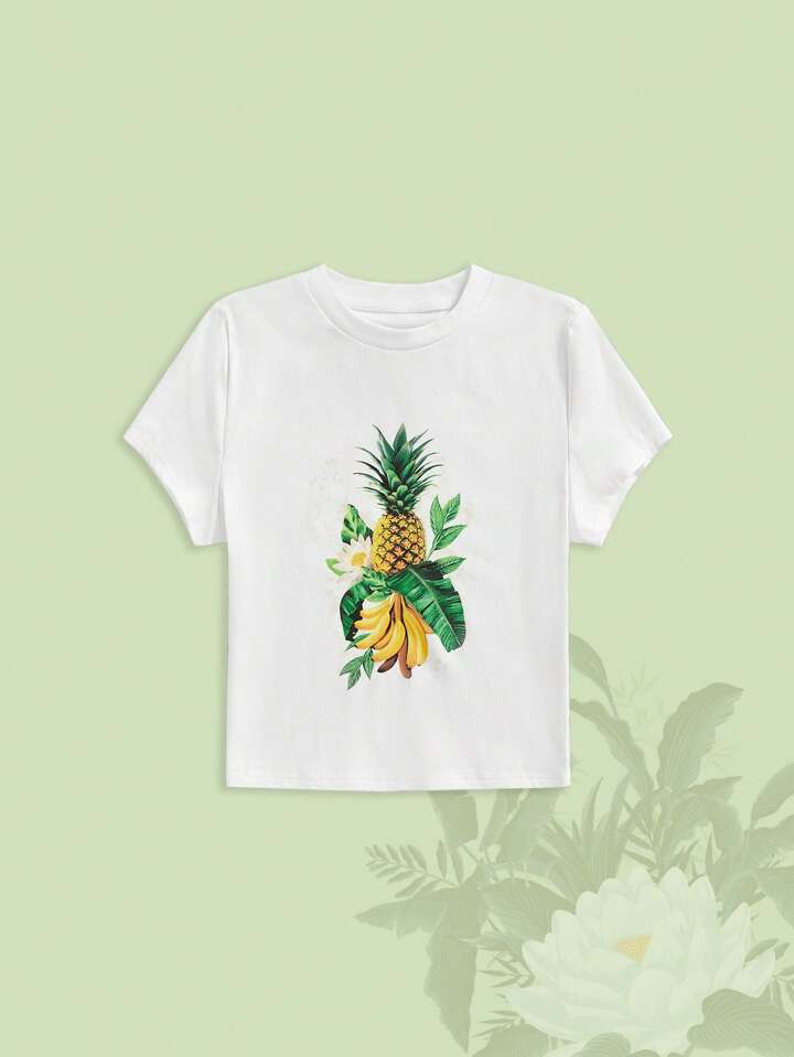 The White Lotus Women's Summer Casual Pineapple And Banana Print Short Sleeve White T-Shirt 5 The White Lotus Women's Summer Casual Pineapple And Banana Print Short Sleeve White T-Shirt