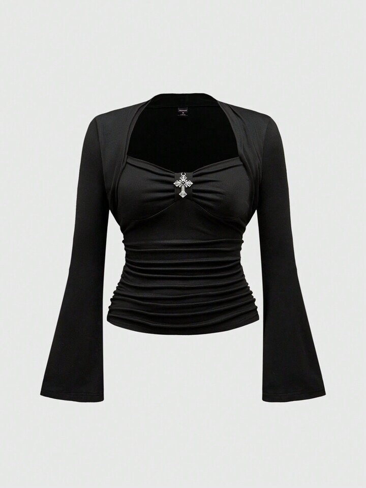 Vintage Gothic Cross Pendant Decor Solid Color Stretchy Plus Size Women T-Shirt
