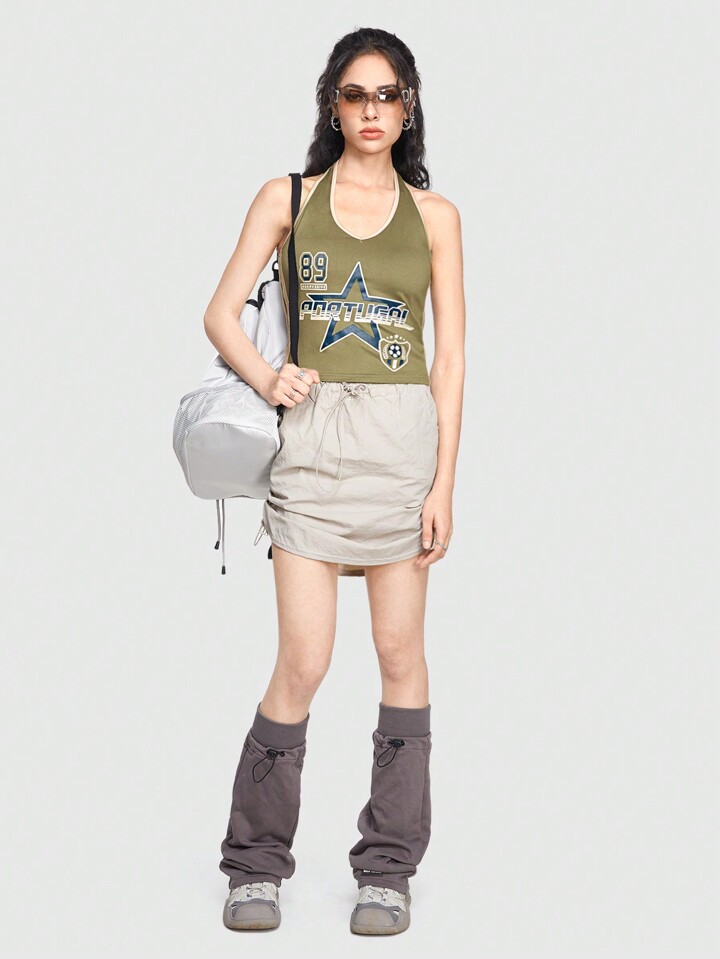 Grunge Punk Women'S Star, Letter Printed Halter Tank Top With Color Block & Insert Trim Detail