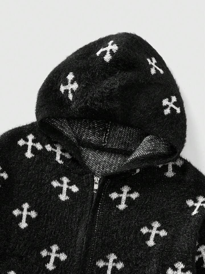 Goth Men's Vintage Dark Cross Pattern Zip-Up Hooded Cardigan