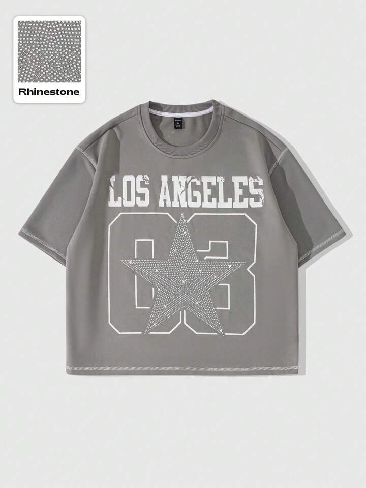 Men's Street Life Glitter Diamond Letter Print Loose Crop Top T-Shirt