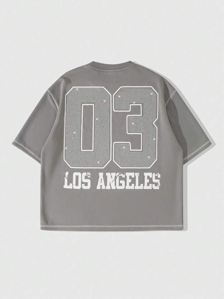 Men's Street Life Glitter Diamond Letter Print Loose Crop Top T-Shirt
