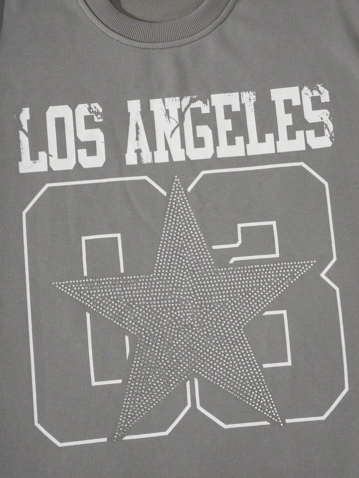 Men's Street Life Glitter Diamond Letter Print Loose Crop Top T-Shirt