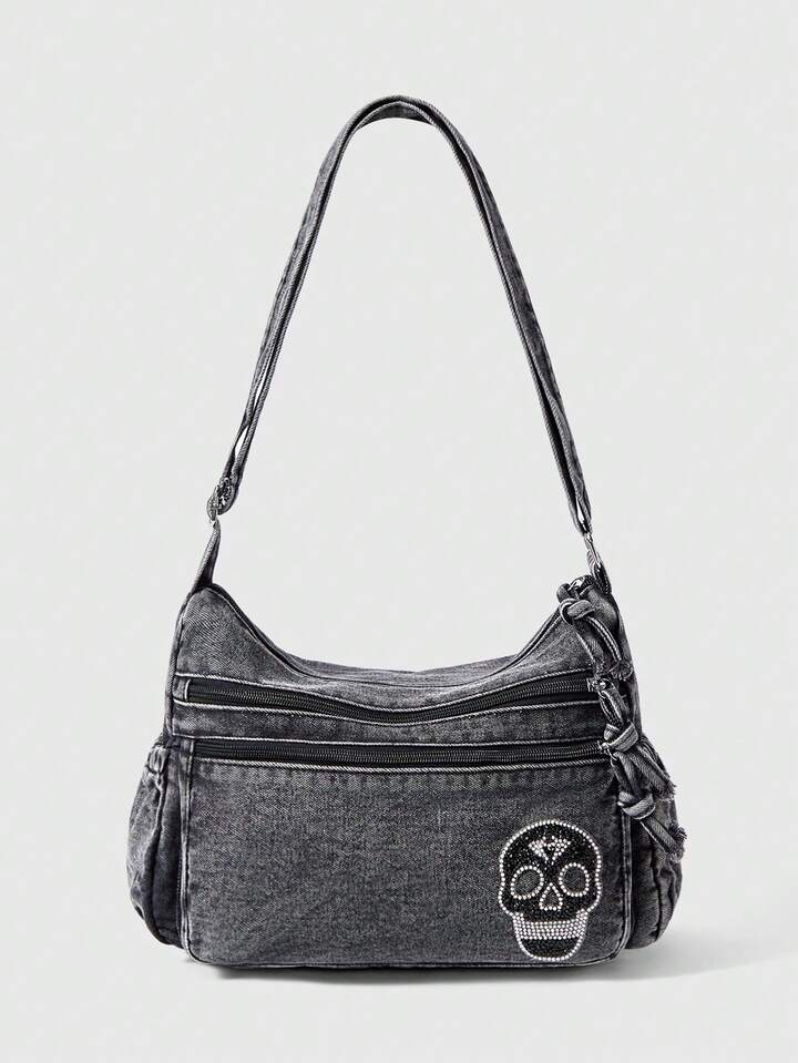 Grunge Punk Women's Punk Style Casual Skull Rhinestone Decor Large Capacity Shoulder Bag