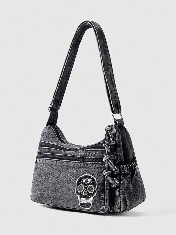 Grunge Punk Women's Punk Style Casual Skull Rhinestone Decor Large Capacity Shoulder Bag 2 Grunge Punk Women's Punk Style Casual Skull Rhinestone Decor Large Capacity Shoulder Bag