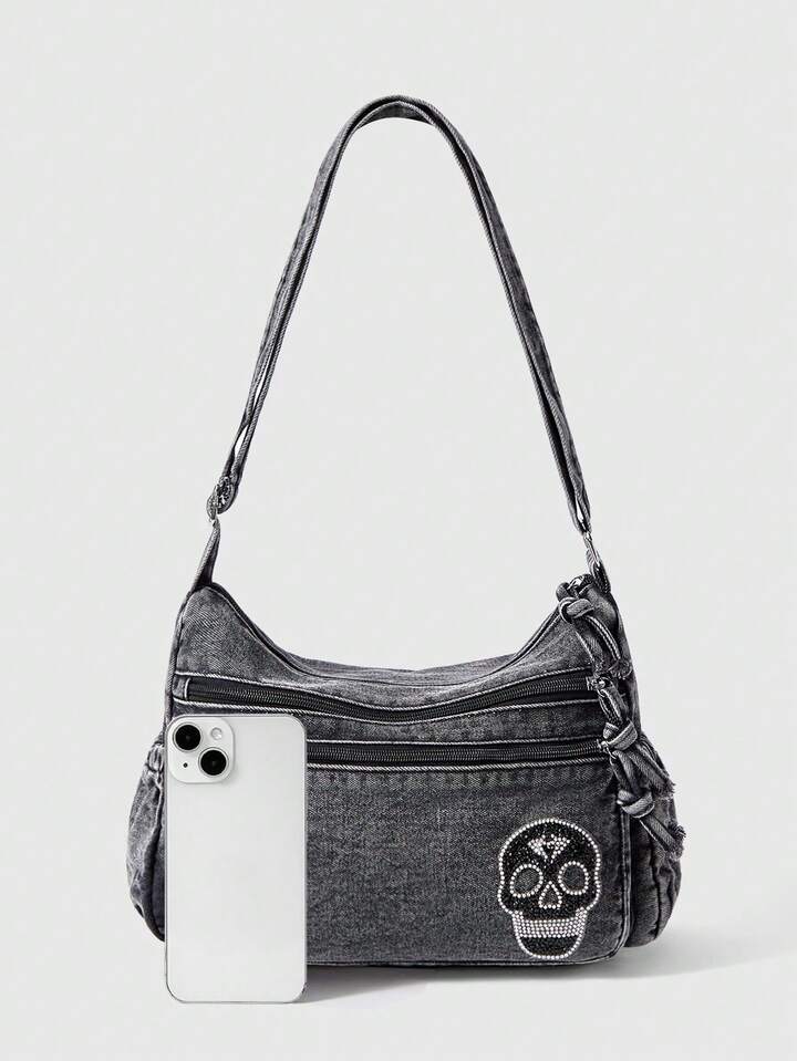 Grunge Punk Women's Punk Style Casual Skull Rhinestone Decor Large Capacity Shoulder Bag 3 Grunge Punk Women's Punk Style Casual Skull Rhinestone Decor Large Capacity Shoulder Bag