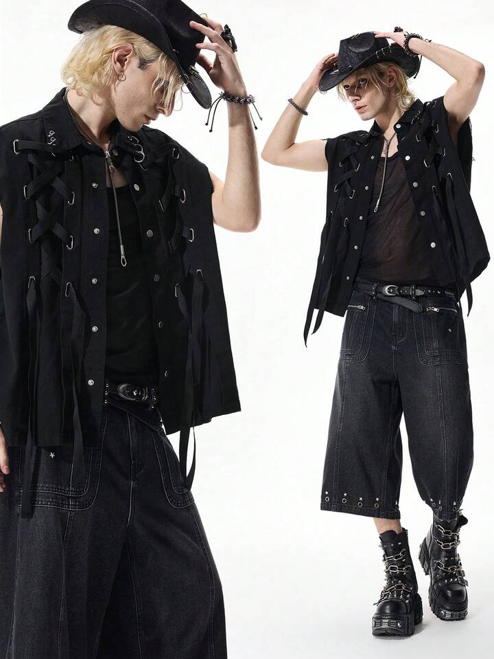 Men's Denim Gothic Lace-Up Vest