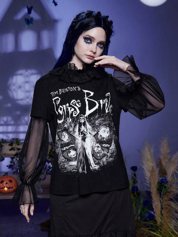 Corpse Bride | ROMWE Cartoon Figure & Letter Graphic Contrast Mesh Flare Sleeve Tee