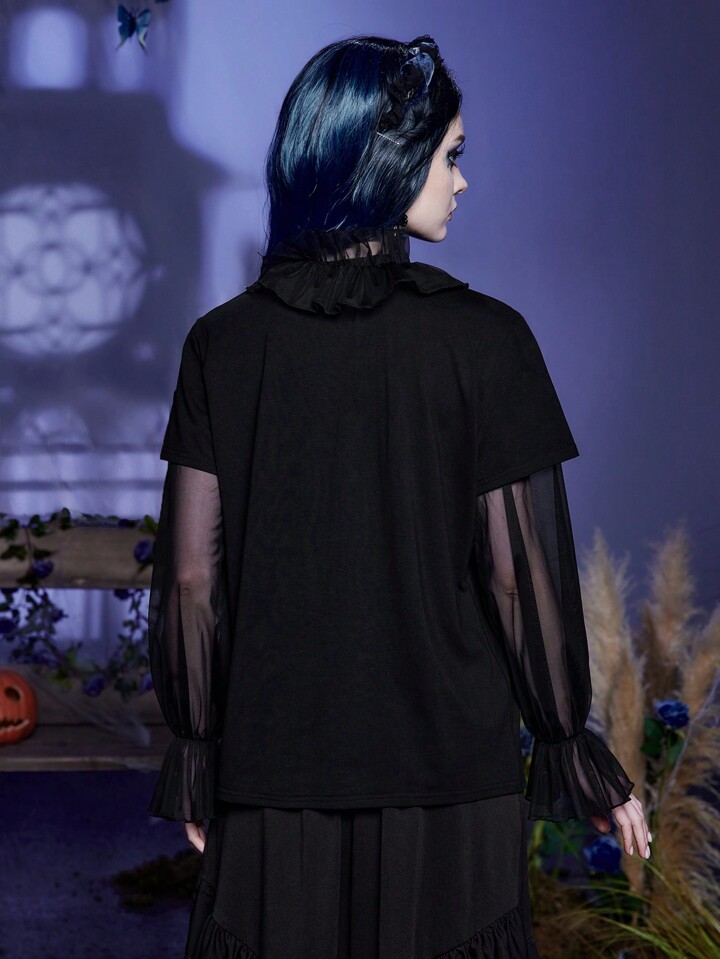 Corpse Bride | ROMWE Cartoon Figure & Letter Graphic Contrast Mesh Flare Sleeve Tee