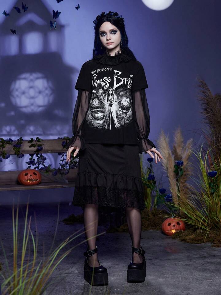 Corpse Bride | ROMWE Cartoon Figure & Letter Graphic Contrast Mesh Flare Sleeve Tee