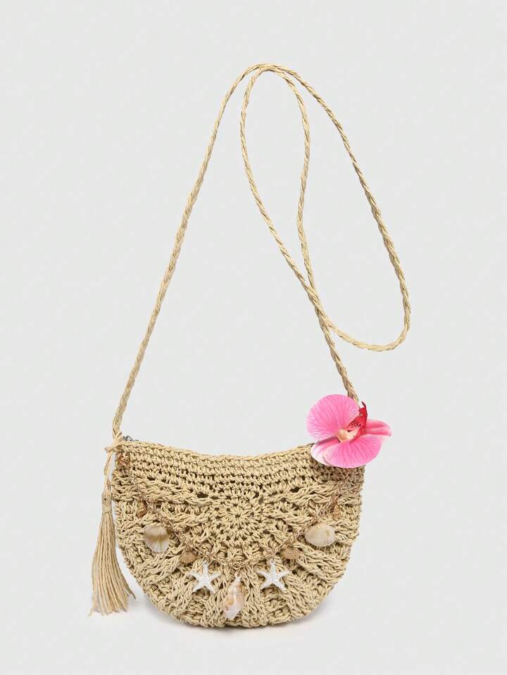 Fairycore Women's Floral Pattern Straw Crossbody Bag With Sea Shell Decoration, Lightweight And Suitable For Vacation, Shopping
