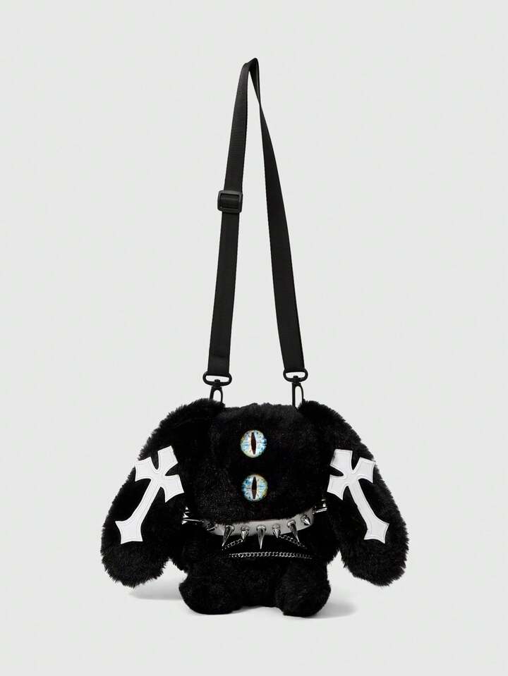 Goth 1pc Dark Punk Style Plush Rabbit Crossbody Bag With Personalized Cross And Rivet Decoration, White Eye Cute Doll Bag