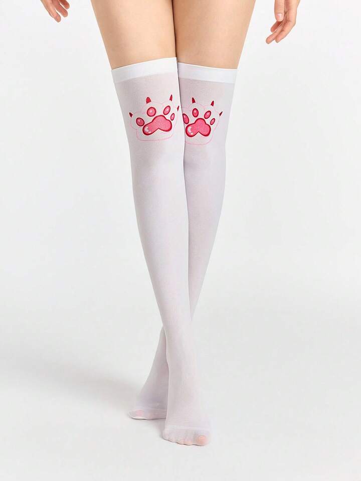 Anime 1 Pair Cute Cat Paw Print Thigh High Socks, Thin & Elastic Solid Color Knee-High Socks, School Style Socks