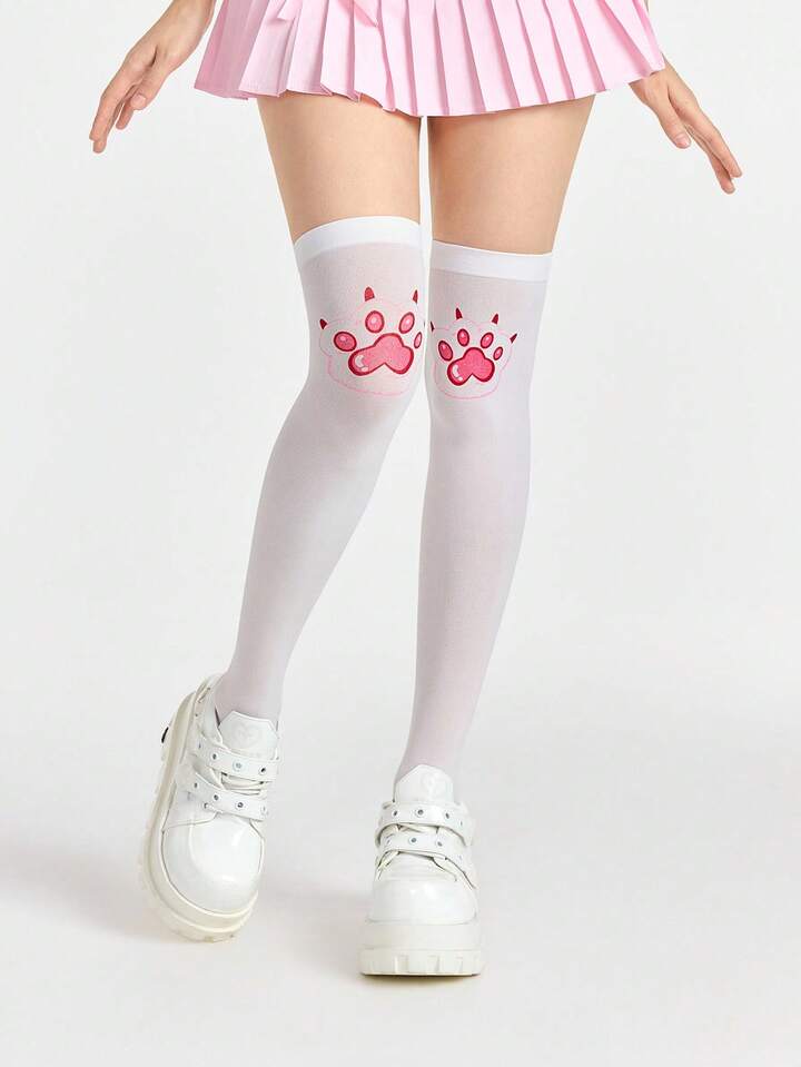 Anime 1 Pair Cute Cat Paw Print Thigh High Socks, Thin & Elastic Solid Color Knee-High Socks, School Style Socks