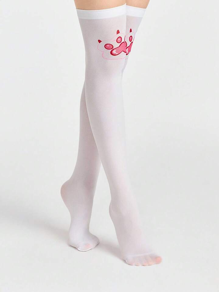 Anime 1 Pair Cute Cat Paw Print Thigh High Socks, Thin & Elastic Solid Color Knee-High Socks, School Style Socks
