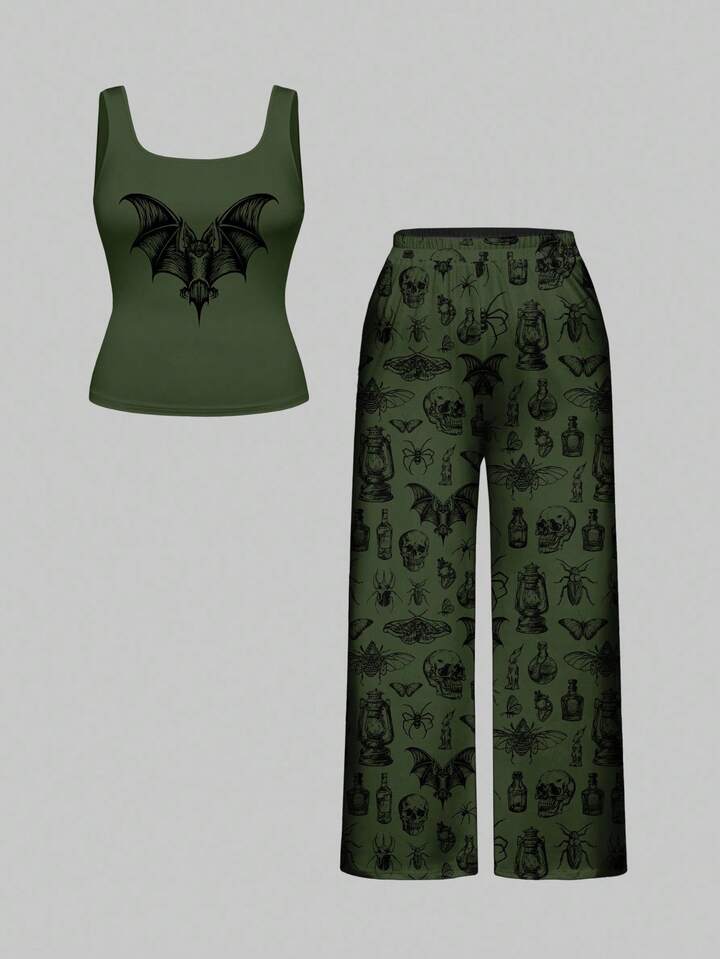Gothic Insect, Bat, Poison Print Plus Size Sleeveless Top And Pants Pajama Set, Casual Loungewear