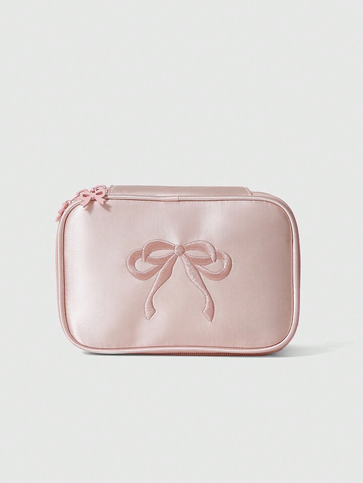 Kawaii Satin Fabric Embroidered Bow Embroidery Cute Makeup Bag