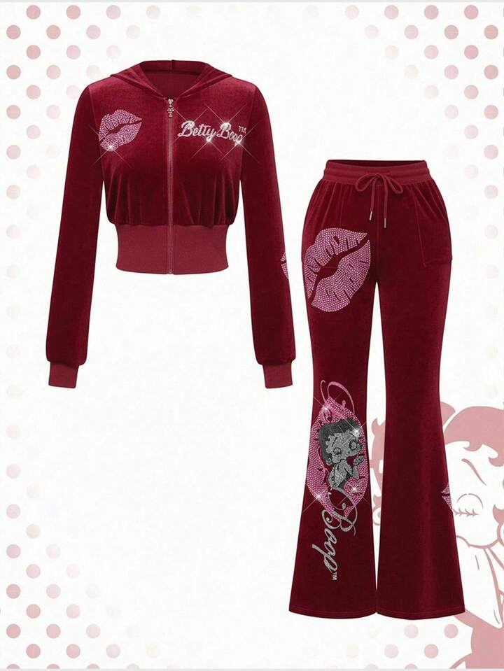 Betty Boop | ROMWE Y2K Velvet Sweatshirt & Pants Letter Graphic Rhinestone Embellished 2 Pieces Set For Women