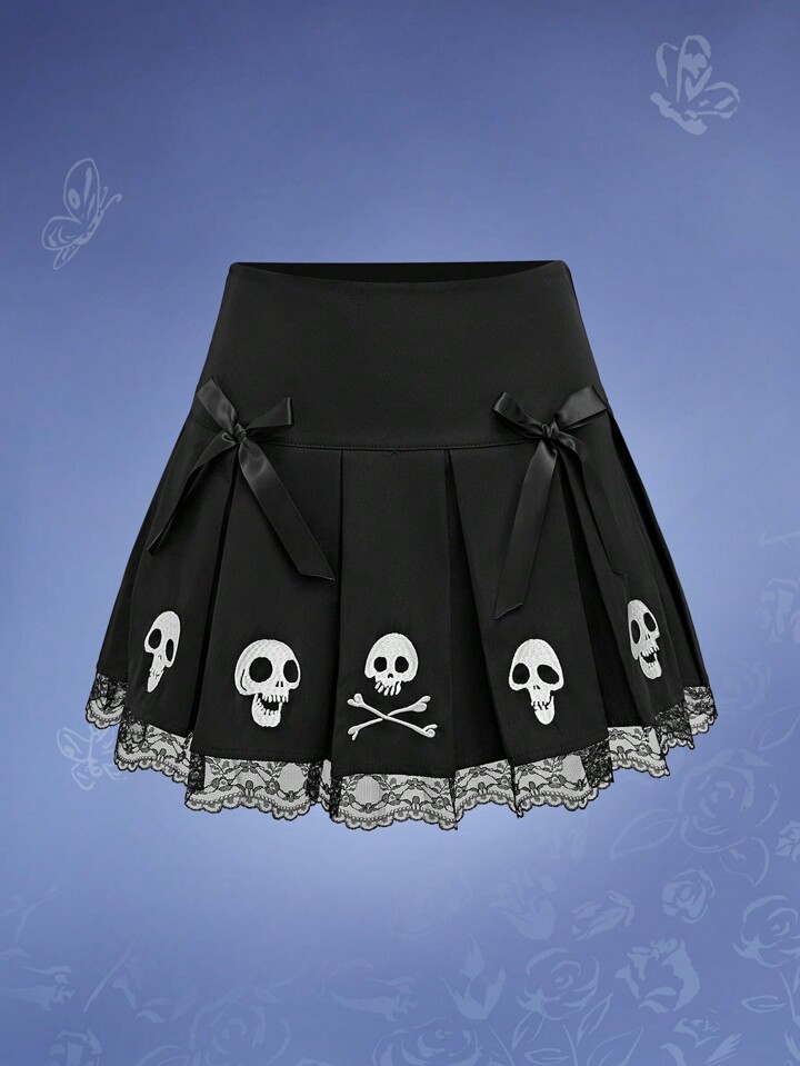 Corpse Bride | ROMWE Cute Academy Style Skull Embroidered Bowknot Decor Lace Trim Short Pleated Skirt For Women, School