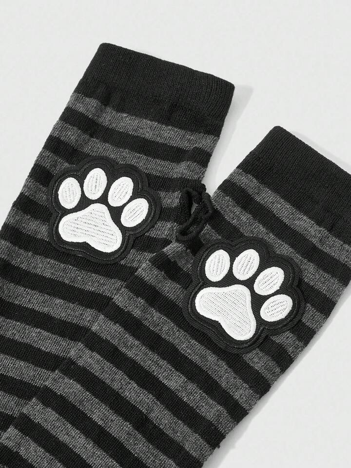 Anime Punk Style Striped Cat Claw Print Fingerless Wrist Warmers, Versatile Fashion Accessory Unisex