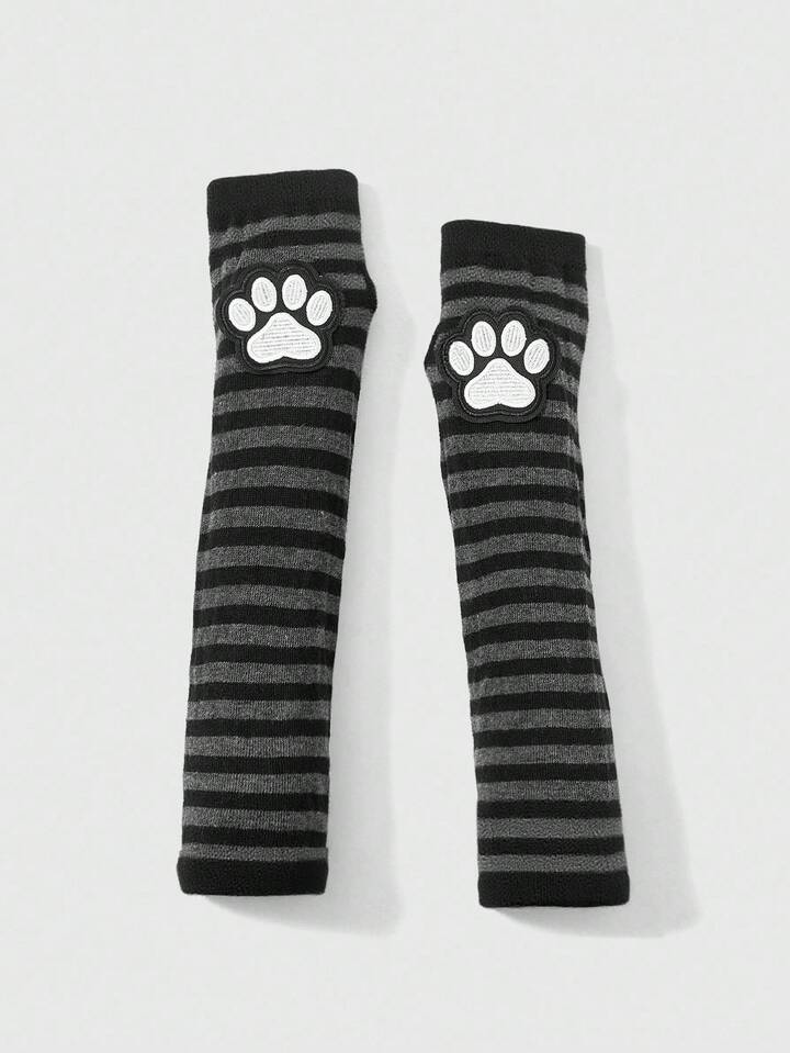 Anime Punk Style Striped Cat Claw Print Fingerless Wrist Warmers, Versatile Fashion Accessory Unisex