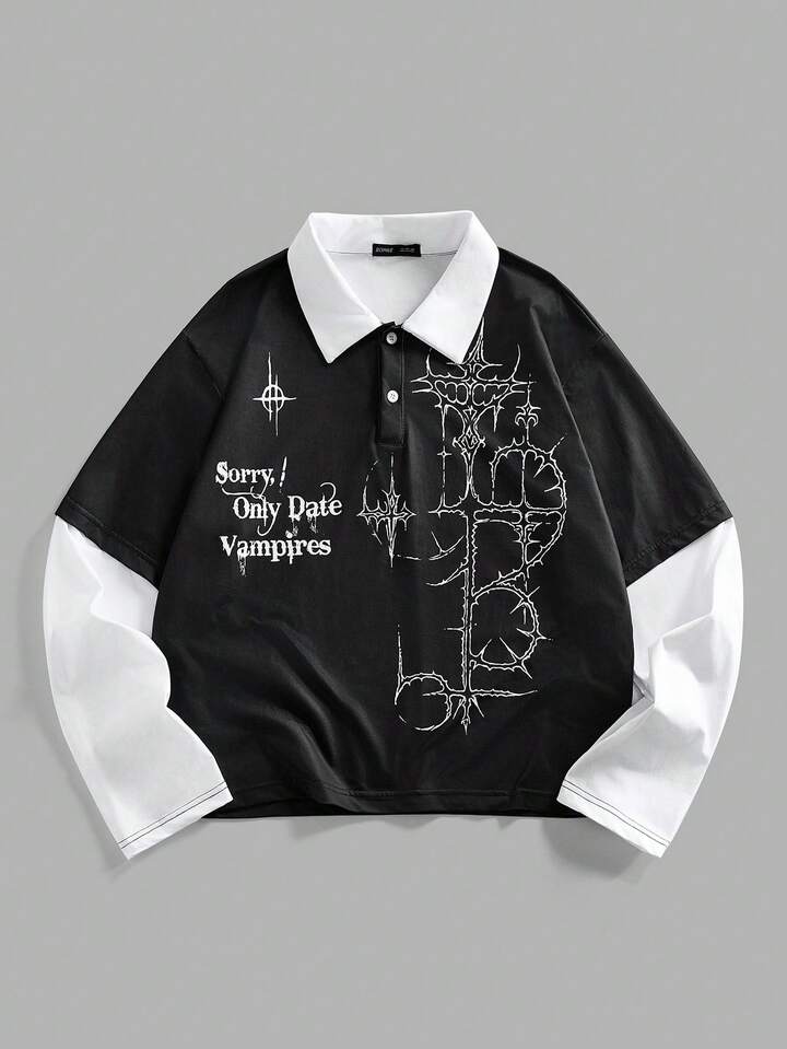Men's Casual Contrast Color Gothic Cross Patchwork Slogan Print T-Shirt, Autumn
