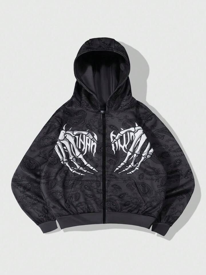 Anime Men's Autumn Skeleton Print Zip-Up Hoodie Sweatshirt, Long Sleeve Top