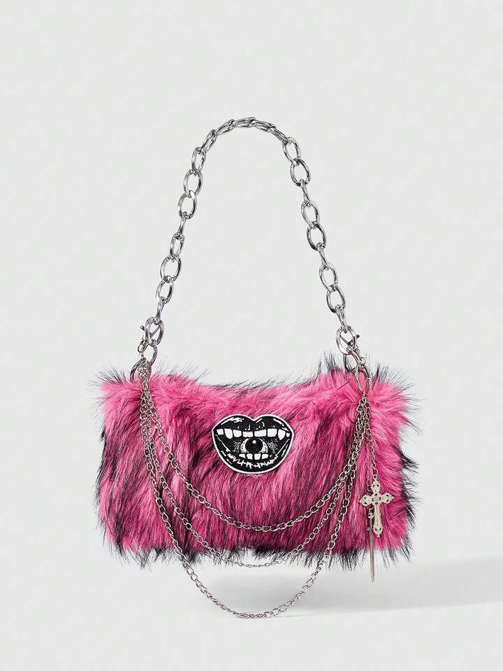 Goth 1 Cute Button Plush Bag Handbag Autumn And Winter Niche Shoulder Armpit Bag Casual Handbag (Need To DIY, Including Material Package)