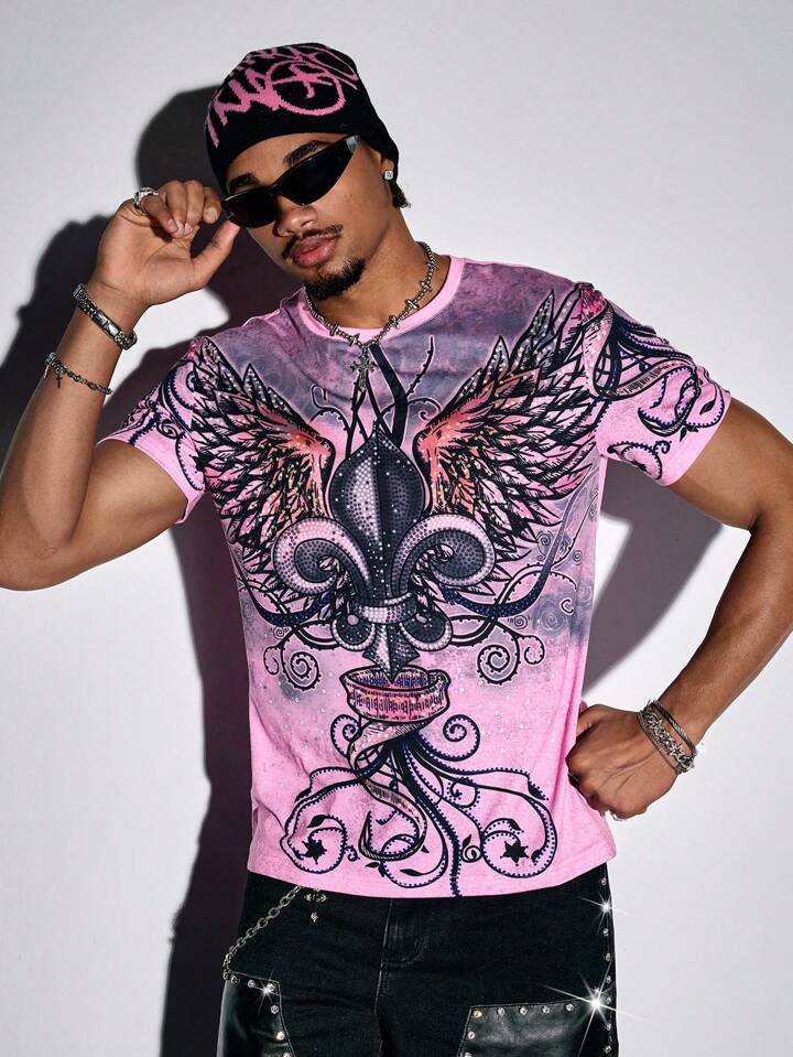 Men's Street Life Distressed Dark Rhinestone Embellished Round Neck Short Sleeve T-Shirt, Graphic Tee