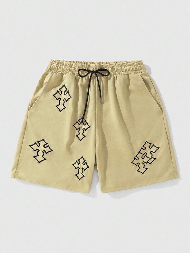 Goth Men's Casual Fashionable Street Cross Embroidery Drawstring Waist Loose Shorts, Summer