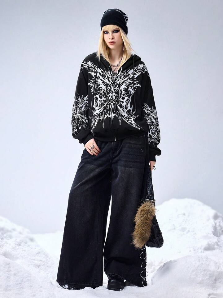 EDITION Oversized Thorn Print Zip-Up Sweatshirt For Women