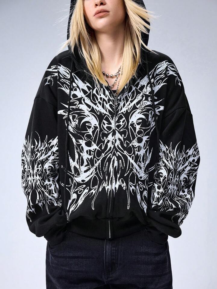 EDITION Oversized Thorn Print Zip-Up Sweatshirt For Women