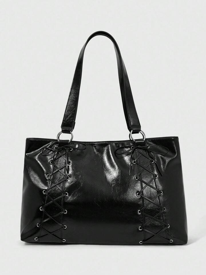 Grunge Punk Women's Fashion Large Capacity PU Tote Bag With Eyelet Lace-Up Design