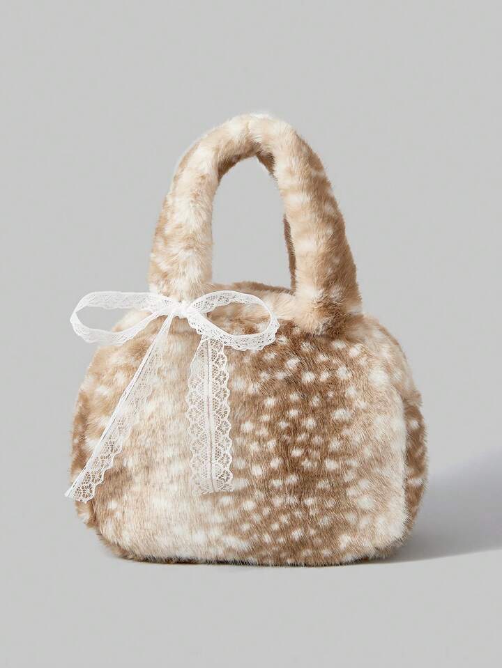Fairycore 1pc Khaki Color Small Fashionable Portable Plush Lace Bow Cute Ladies Handbag
