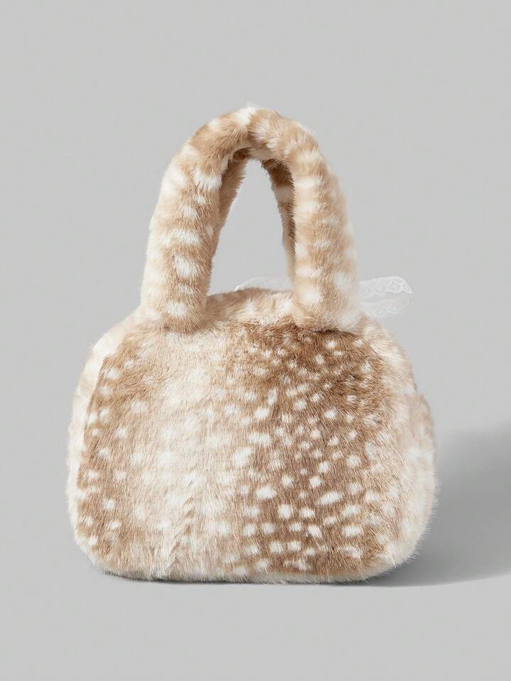 Fairycore 1pc Khaki Color Small Fashionable Portable Plush Lace Bow Cute Ladies Handbag