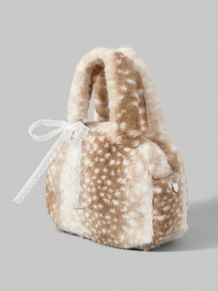 Fairycore 1pc Khaki Color Small Fashionable Portable Plush Lace Bow Cute Ladies Handbag