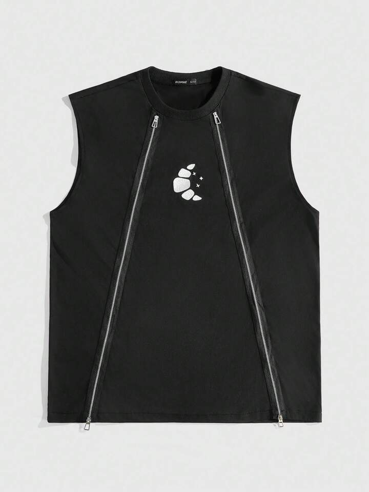 Street Life Men's Zipper Minimalist Printed Black Fashionable Sleeveless Top