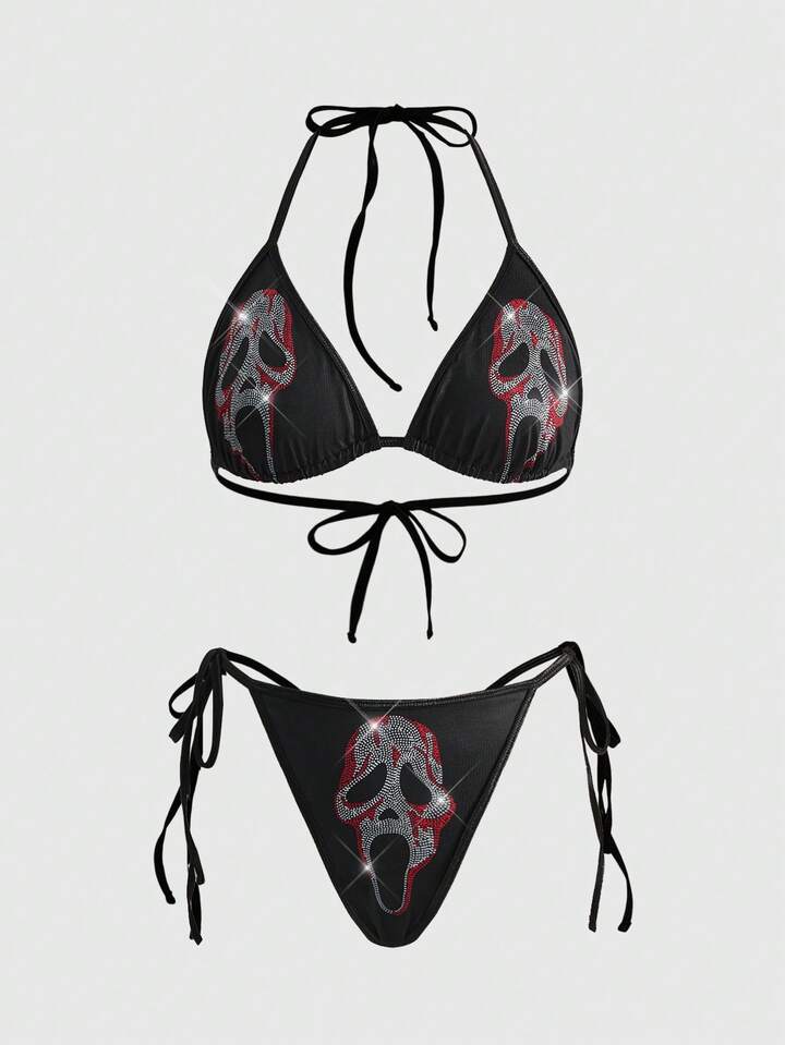 Gothic Skull Deadpool Rhinestone Decor Wireless Lace-Up Women Lingerie Set