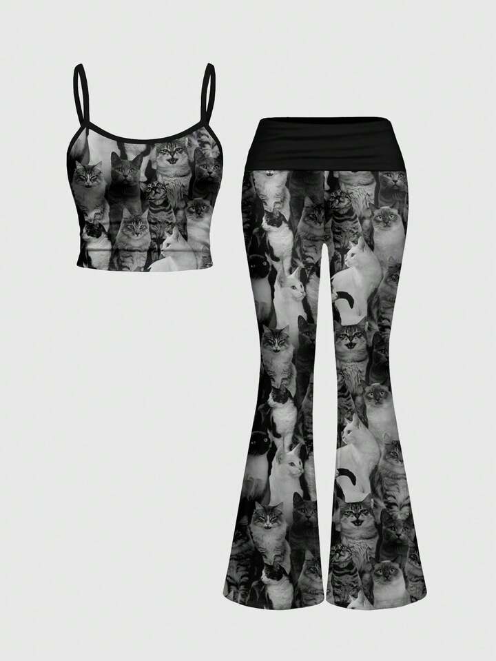 [Lingerie] Sexy Camisole Strap Ruched Low Waist Flare Pants Women 2 Pieces Set