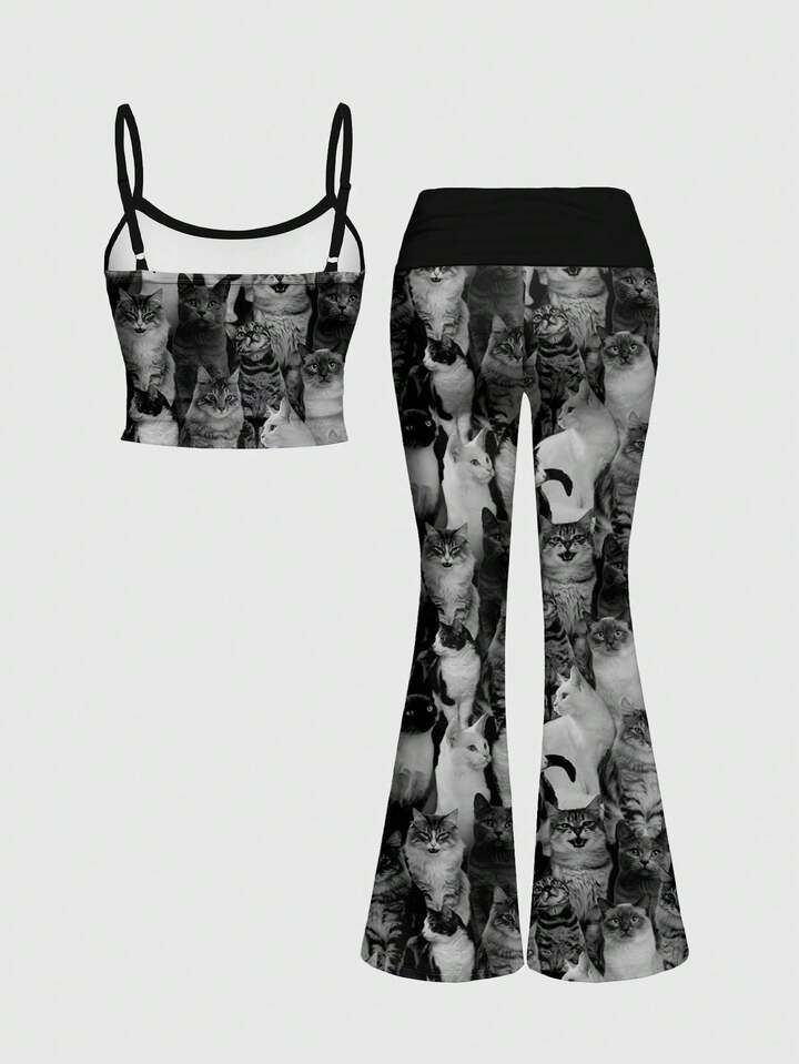 [Lingerie] Sexy Camisole Strap Ruched Low Waist Flare Pants Women 2 Pieces Set