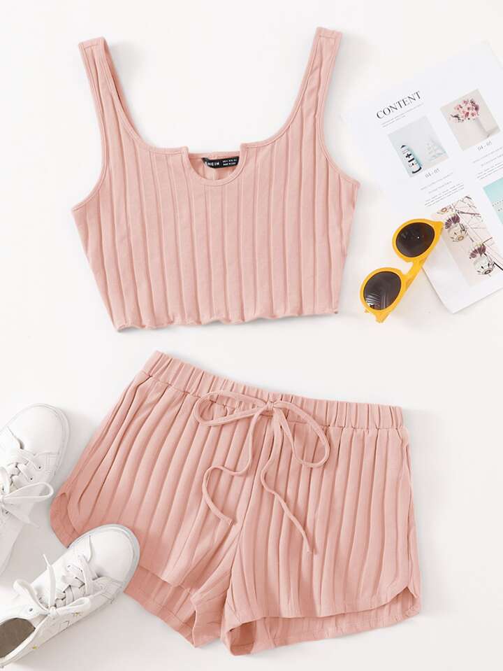Notch Neck Rib-knit Tank Top & Shorts Set