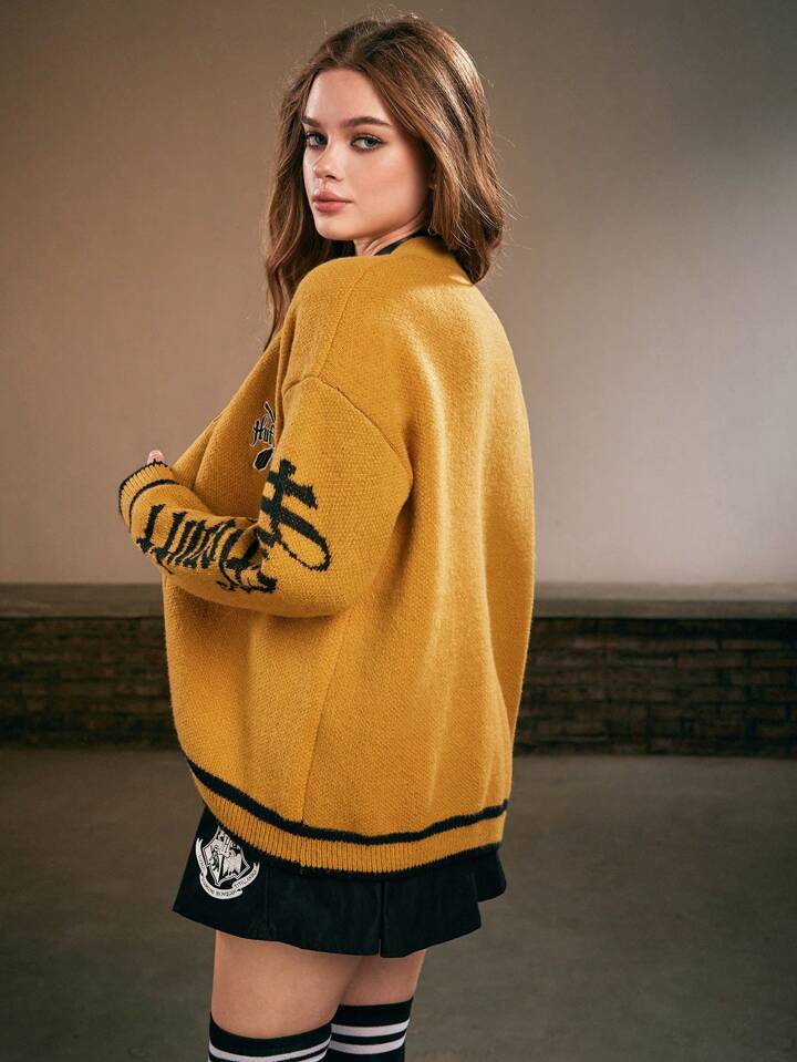 Harry Potter | ROMWE Front Button-up Knit Cardigan With Letter Pattern