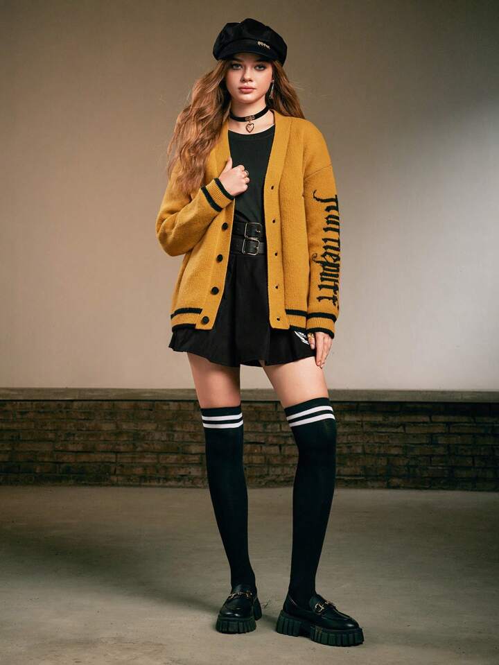 Harry Potter | ROMWE Front Button-up Knit Cardigan With Letter Pattern