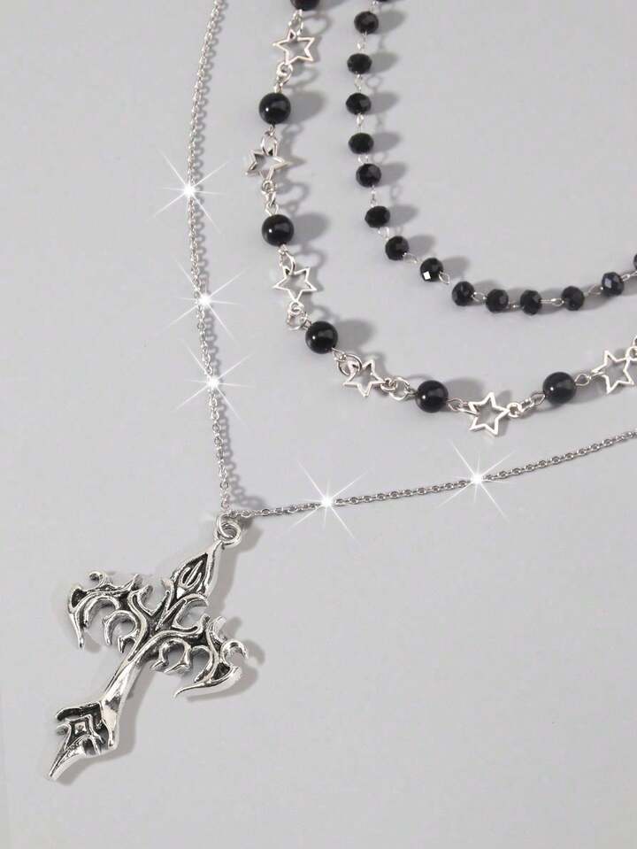 Goth 2pcs Punk Vintage Style Rhinestone Star Pendant Necklace, Luxury Iced Out Double Layer Star Chain Necklace, Streetwear Choker